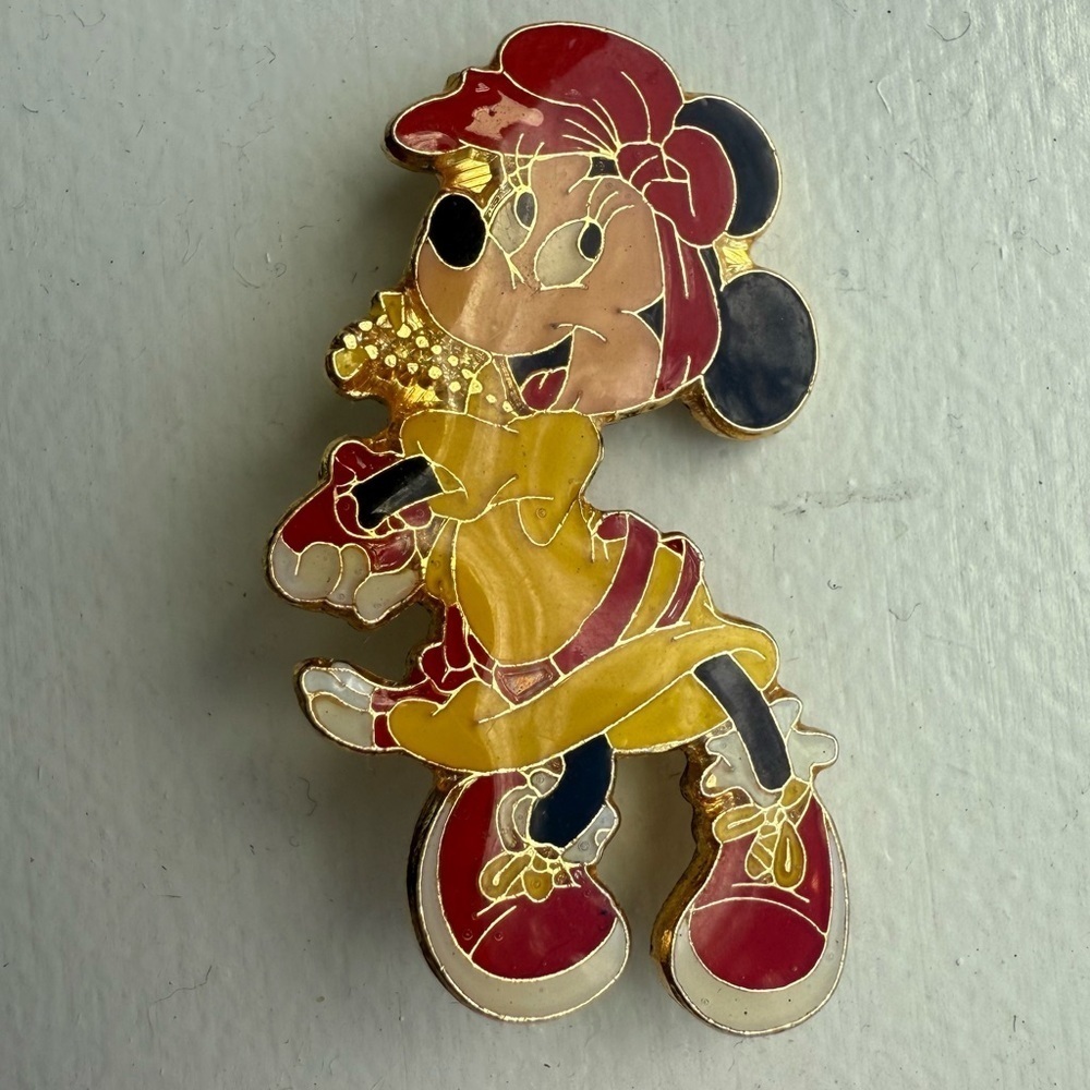 Vintage Disney Pin Brooch Gold Toned Minnie Mouse Black Yellow And Red